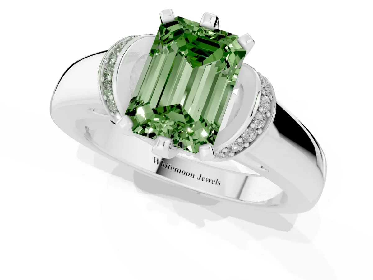 Fancy Green Emerald Cut Solitaire Diamond Ring with Pave Band and Six-Prong Setting Platinum