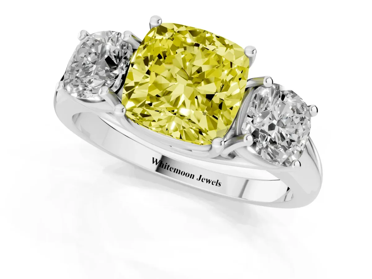 Fancy Yellow Three-Stone Cushion Cut Diamond Engagement Ring with Prong Setting Silver