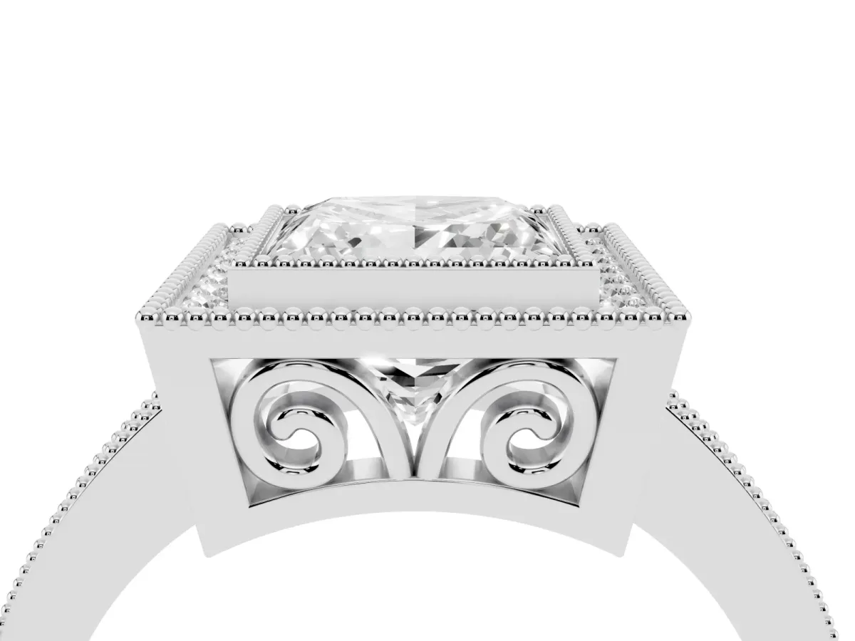 Princess Cut Cut Halo Diamond Ring with Pavé Band and Milgrain Prong Setting Silver