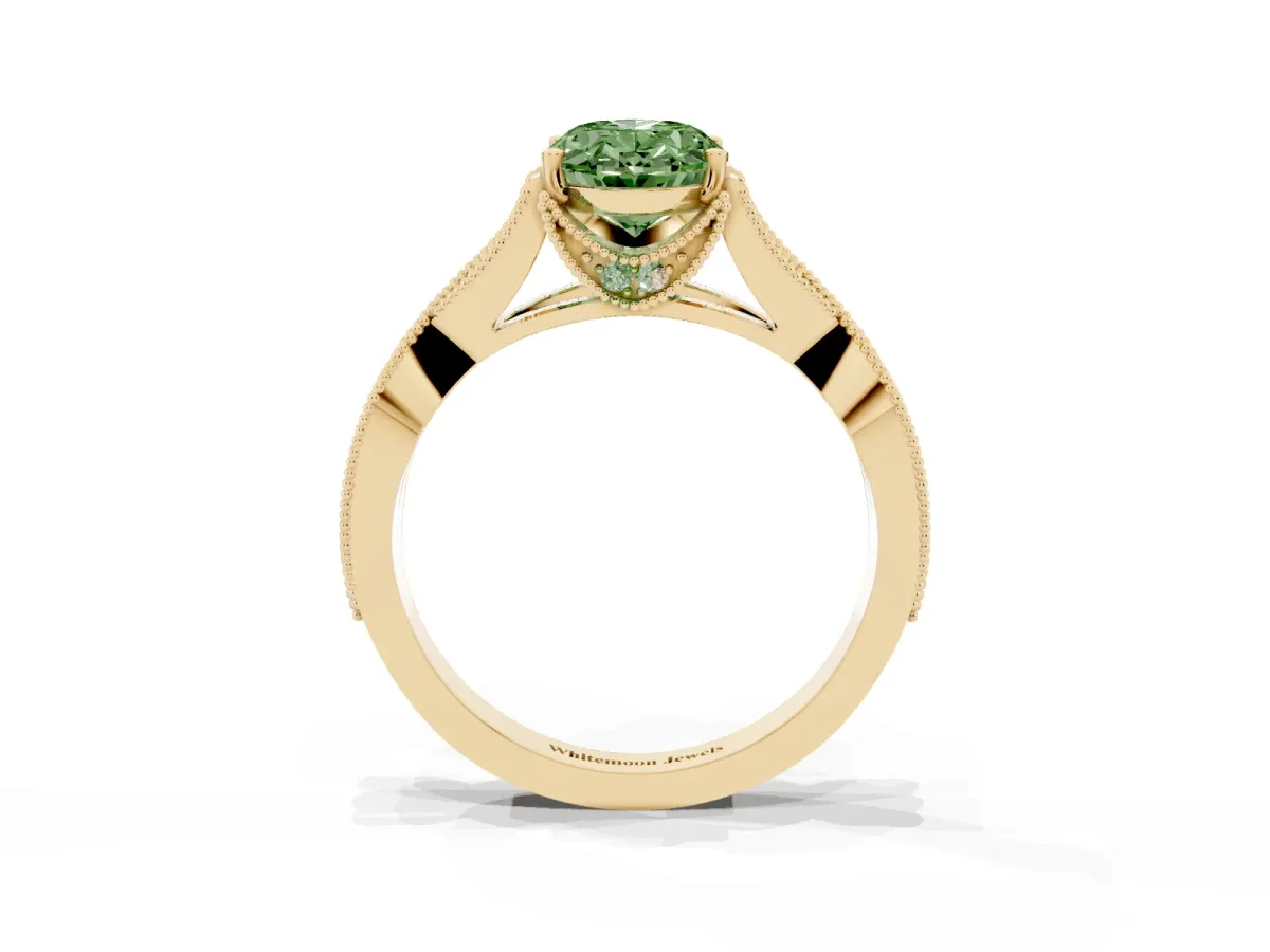 Fancy Green Oval Cut Cut Diamond Twisted Band with Milgrain Pave Setting and Four-Prong Setting Yellow gold