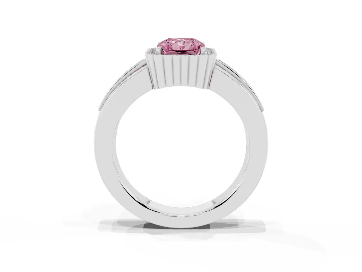 Fancy Pink Radiant Cut Cut Halo Pave Band Four-Prong Ring Silver