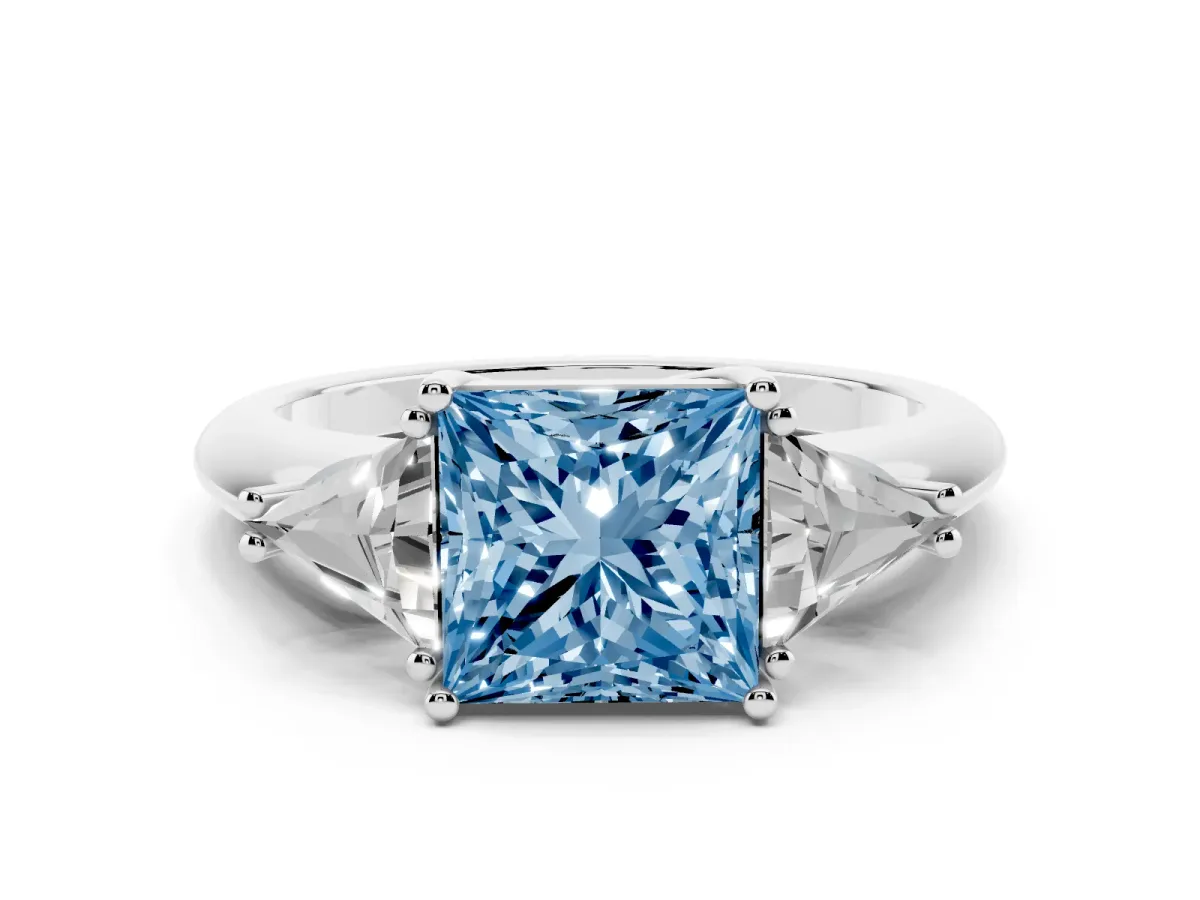Fancy Blue Three-Stone Princess Cut Diamond Engagement Ring with Trillion Side Stones and Prong Setting Silver