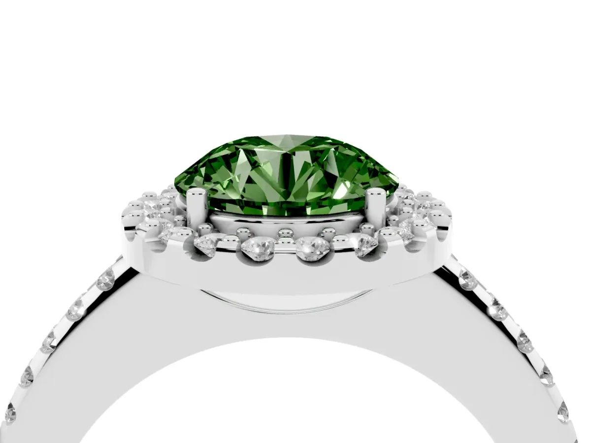 Fancy Green Round Cut Diamond Pavé Halo Ring with Four-Prong Setting Platinum