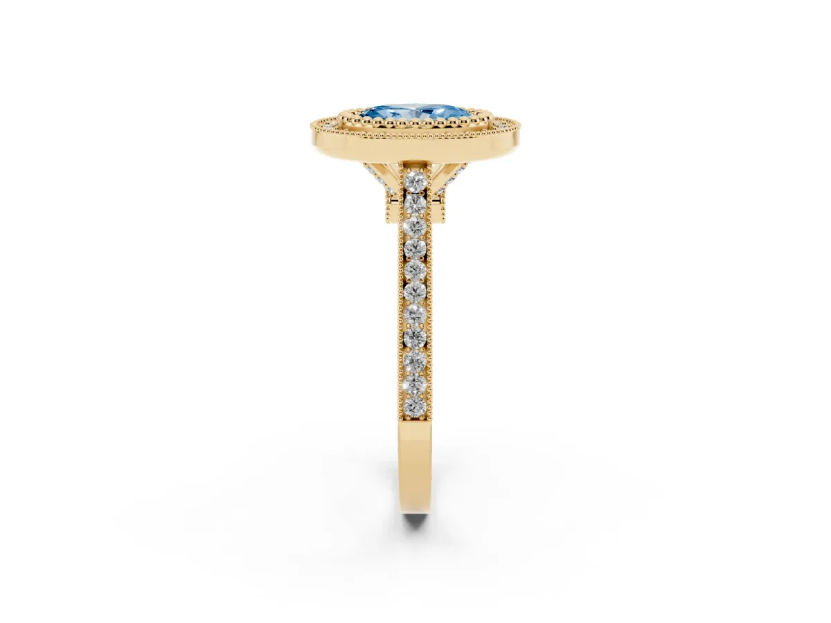 Fancy Blue Oval Cut Diamond Halo Ring with Milgrain Frame and Pavé Band Yellow gold