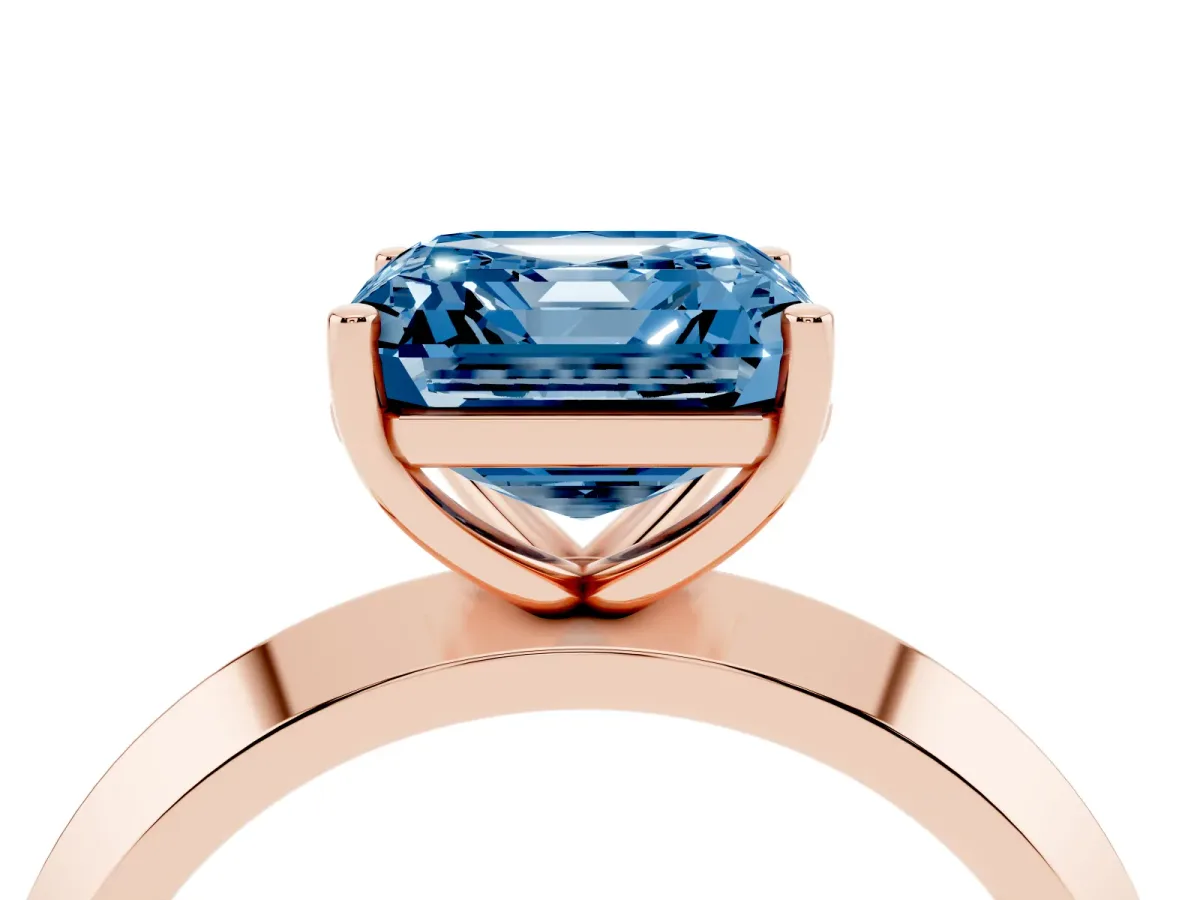 Fancy Blue Asscher Cut Cut Solitaire Engagement Ring with Flat Band and Four-Prong Setting Rose gold