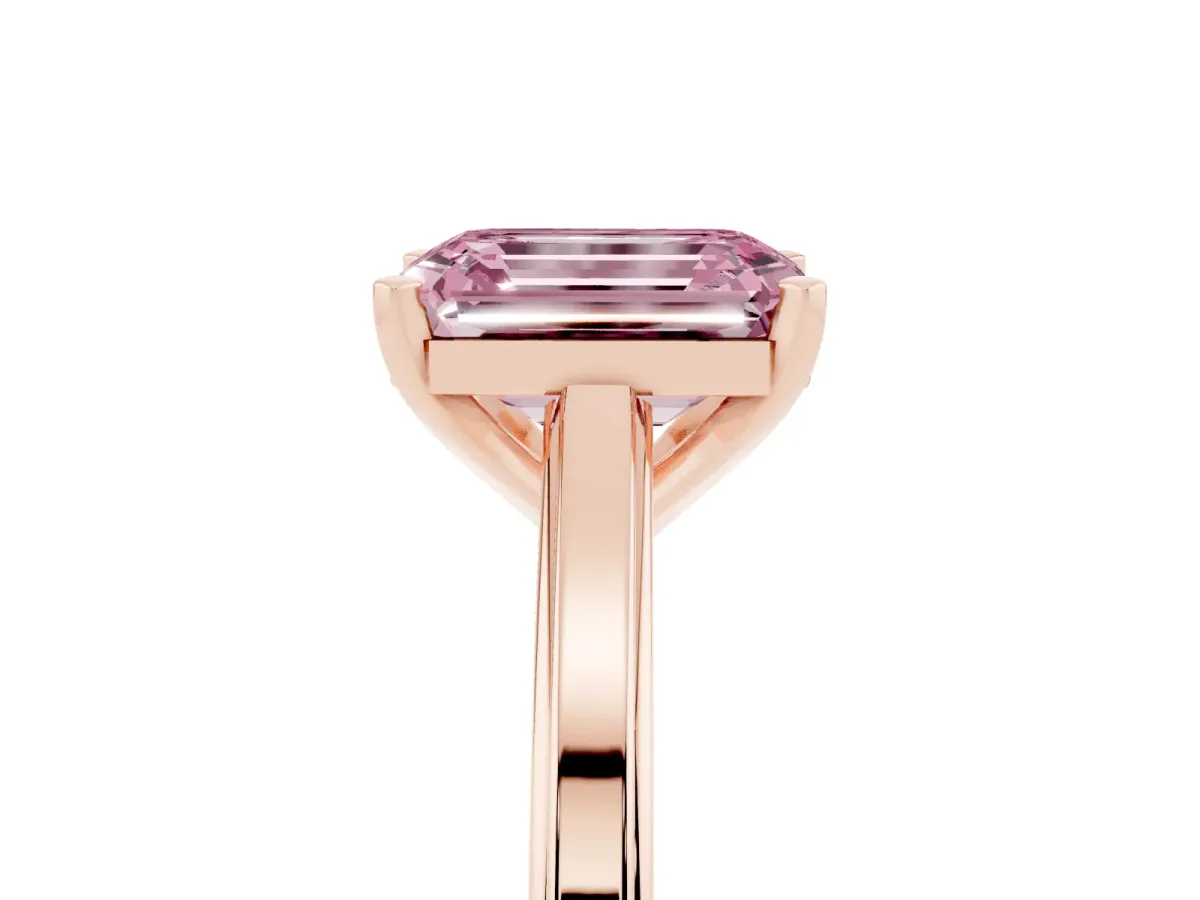 Fancy Pink Emerald Cut Solitaire Diamond Ring with Four-Prong Setting and Classic Band Rose gold
