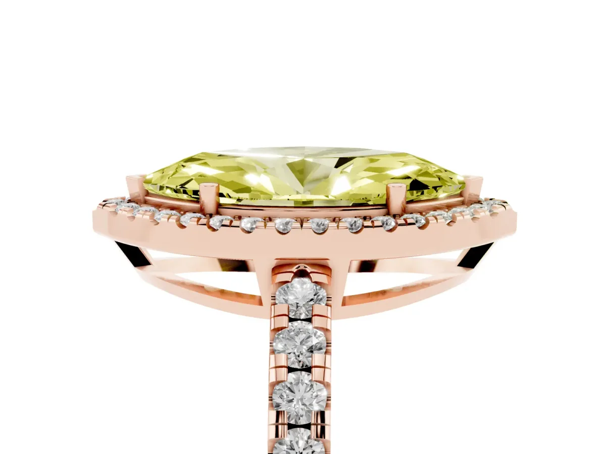 Fancy Yellow Marquise Cut Diamond Halo Ring with Pavé Band and Four-Prong Setting Rose gold