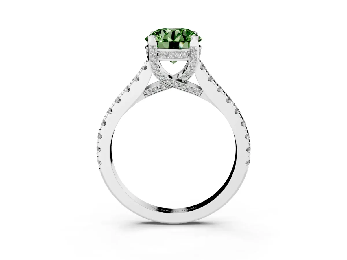 Fancy Green Round Cut Brilliant Diamond Solitaire with Pavé Band and Four-Prong Setting White gold
