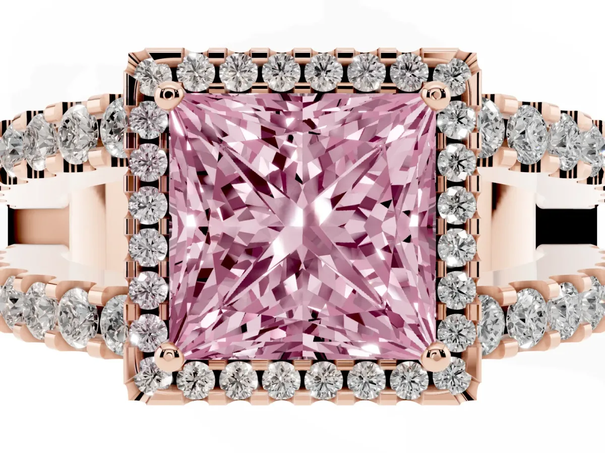 Fancy Pink Princess Cut Cut Halo Split Shank Diamond Ring with Four-Prong Setting Rose gold