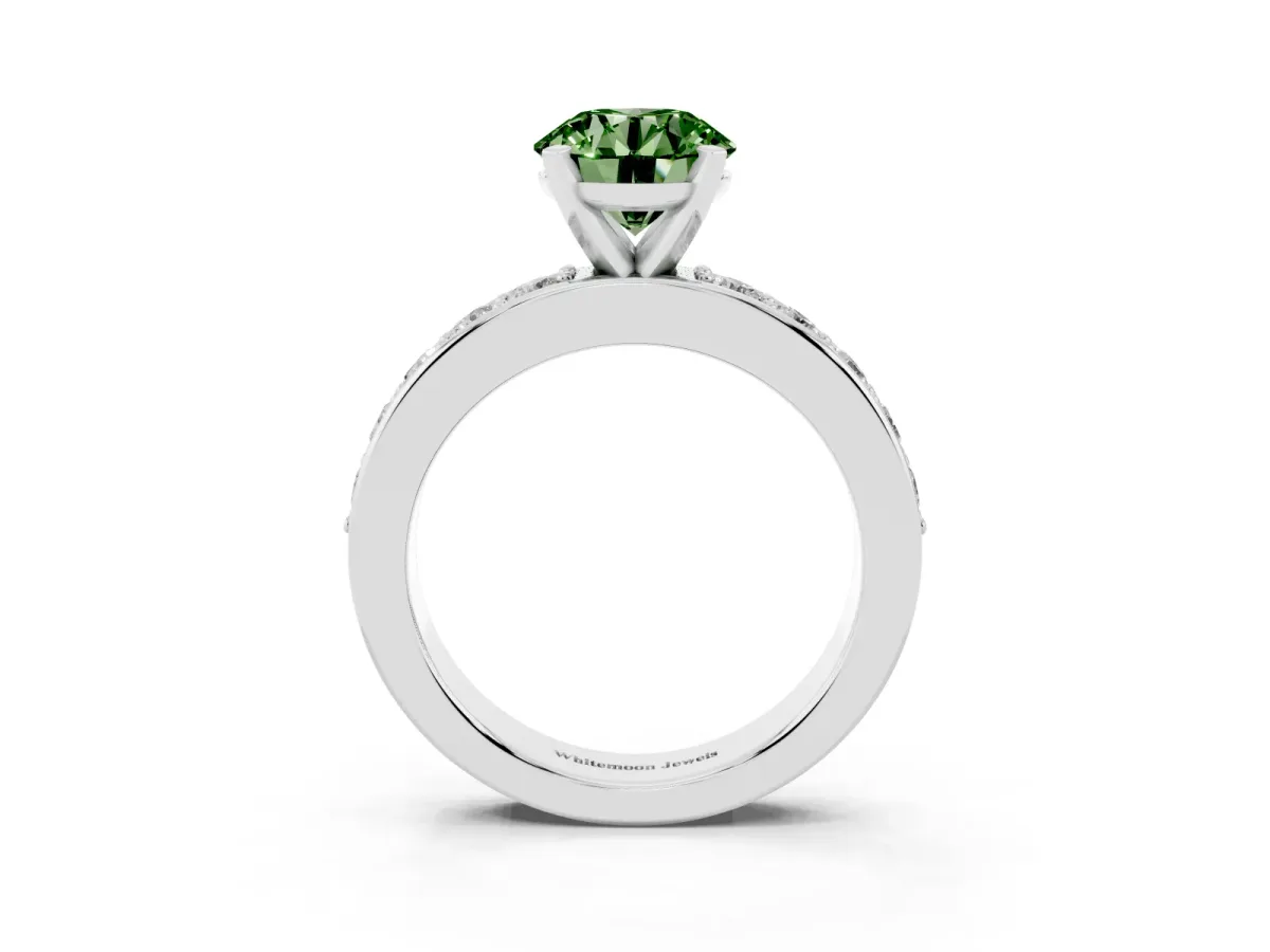 Fancy Green Round Cut Diamond Engagement Ring with Channel Set Round Band and Prong Setting Silver