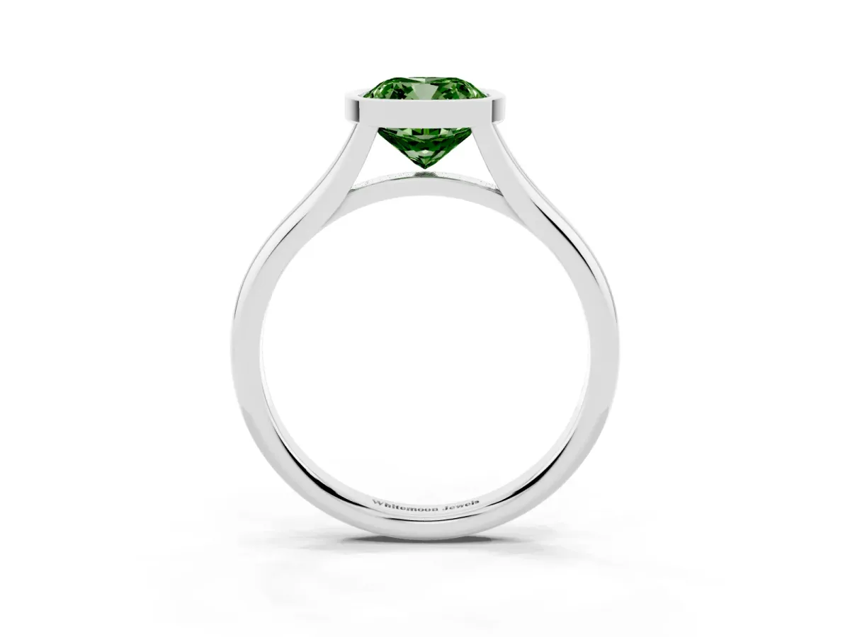 Fancy Green Bezel Set Cushion Cut Cut Solitaire Ring with Tapered Band Silver