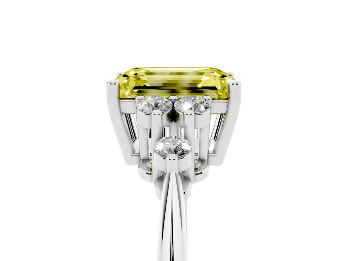 Fancy Yellow Emerald Cut Cut Diamond Cluster Ring with Solitaire Band and Four-Prong Setting Platinum