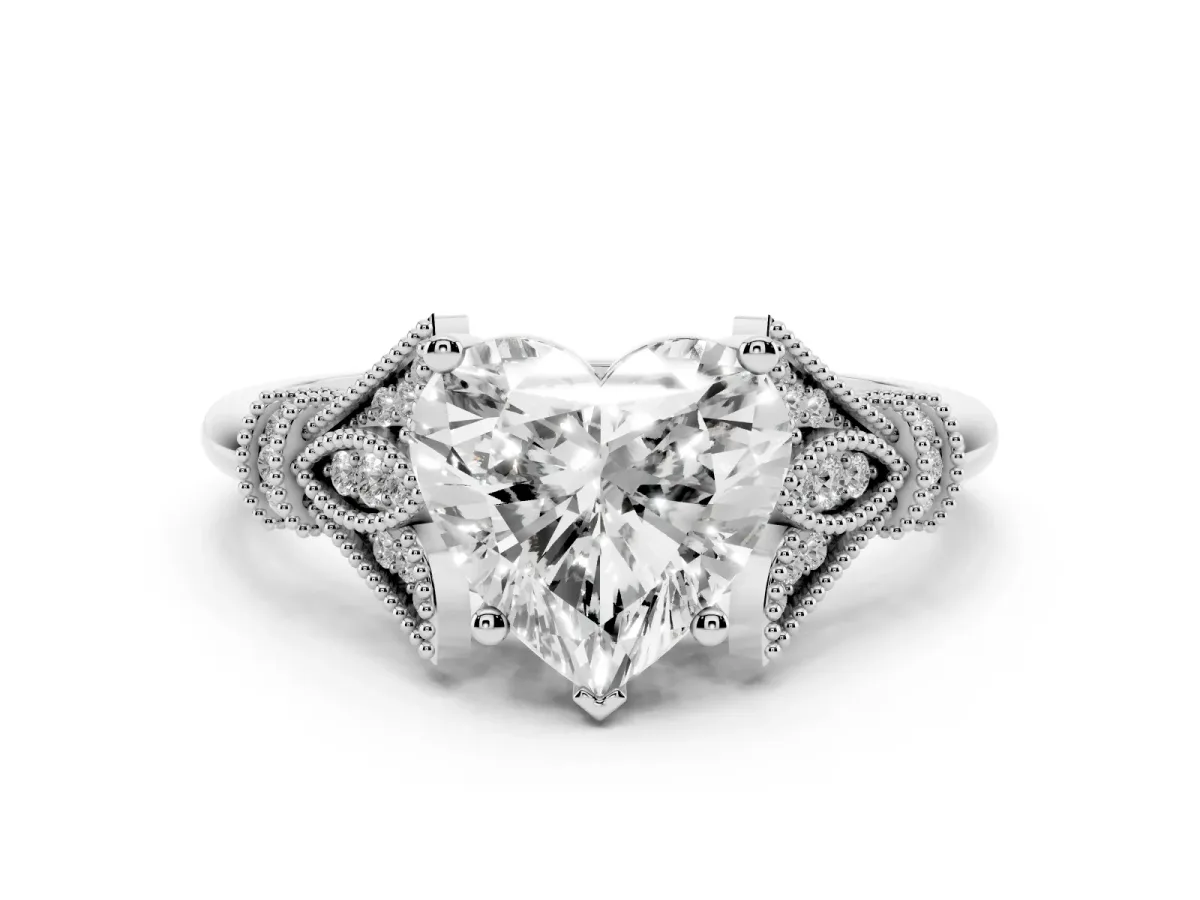Heart Cut Diamond Solitaire Ring with Floral Filigree and Pave Accents White gold
