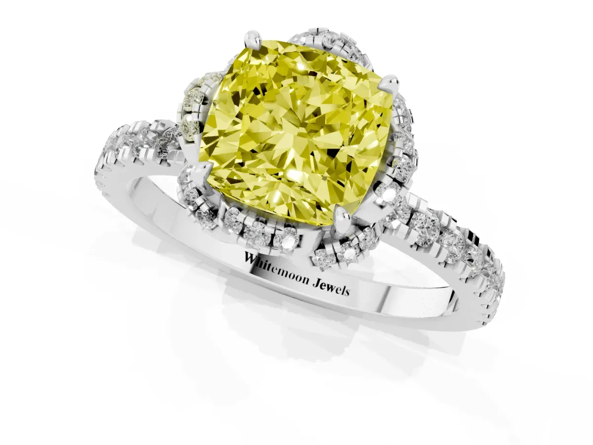 Fancy Yellow Cushion Cut Diamond Halo Pave Band with Four-Prong Setting Platinum