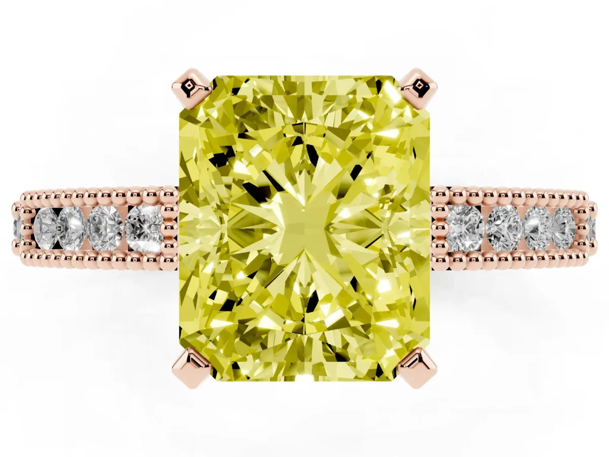 Fancy Yellow Radiant Cut Solitaire with Pavé Band and Four-Prong Setting Rose gold
