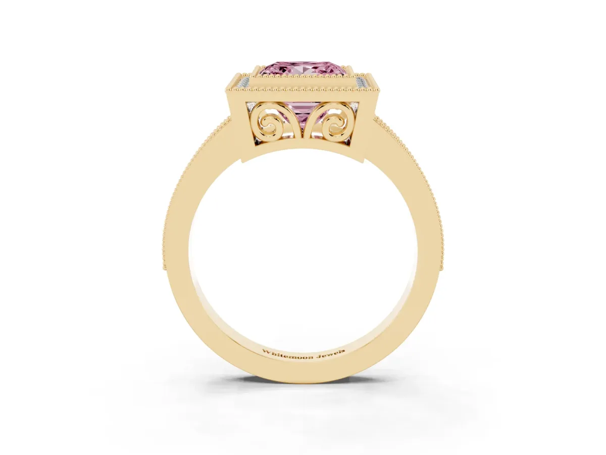 Fancy Pink Princess Cut Cut Halo Diamond Ring with Pavé Band and Milgrain Prong Setting Yellow gold