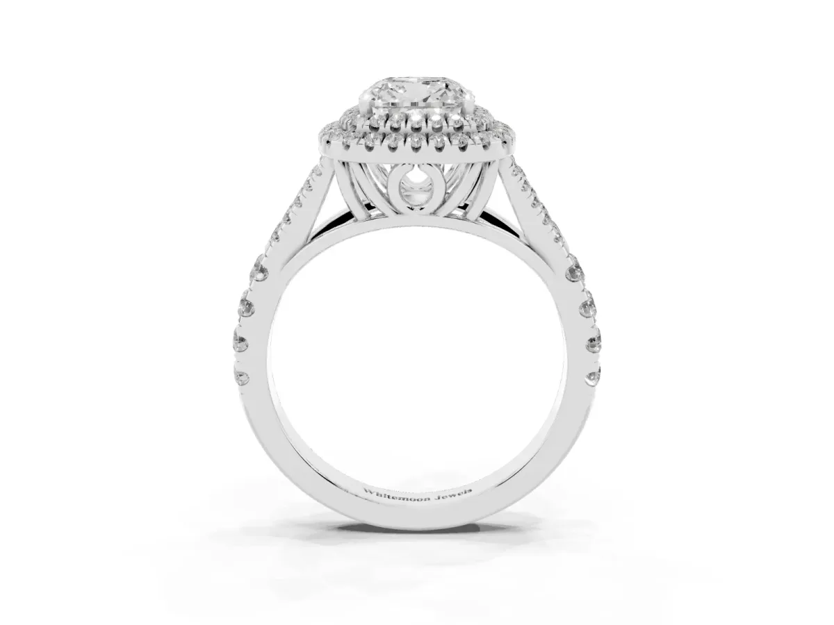 Cushion Cut Diamond Pavé Split Shank Double Halo Engagement Ring Silver
