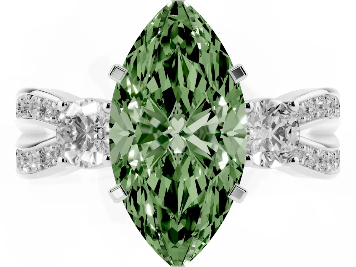 Fancy Green Three-Stone Marquise Cut Cut Diamond Twist Band with Prong Setting Silver