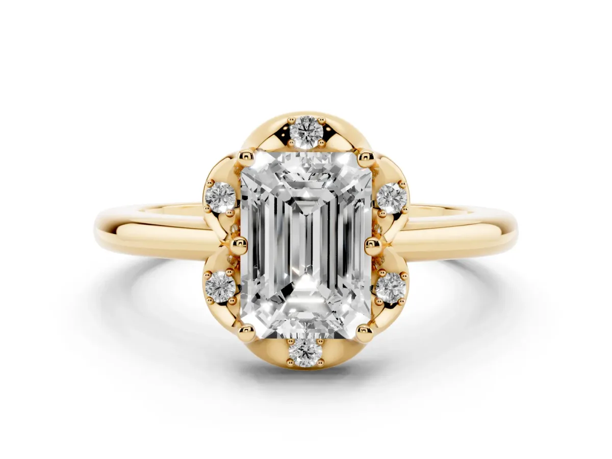 Emerald Cut Halo Diamond Ring with Round Cluster Setting, Solitaire Band, and Four-Prong Setting Yellow gold