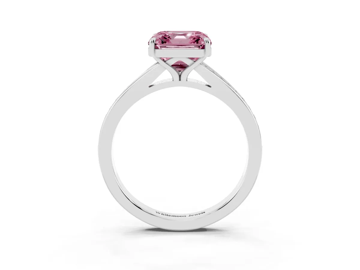 Fancy Pink Asscher Cut Diamond Solitaire Ring with Pavé Band and Prong Setting Silver