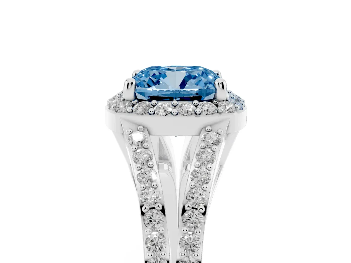 Fancy Blue Cushion Cut Halo Split Shank Pave Diamond Ring with Four-Prong Setting Platinum