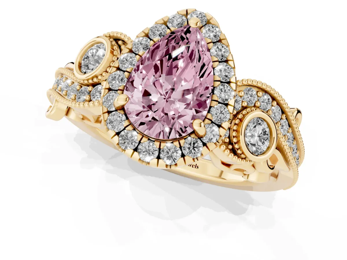 Fancy Pink Pear Cut Halo Diamond Ring with Milgrain and Bezel Accents on a Split Shank Band Yellow gold