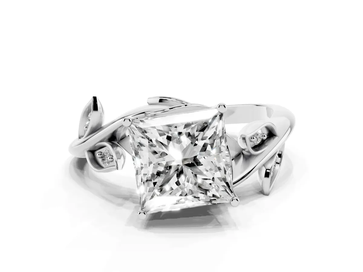 Princess Cut Solitaire Twist Engagement Ring with Leaf Accents and Prong Setting Silver