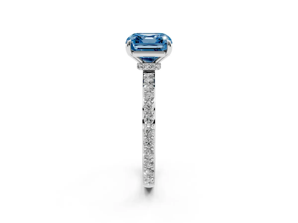 Fancy Blue Asscher Cut Diamond Pavé Engagement Ring with Round Accents and Prong Setting Silver