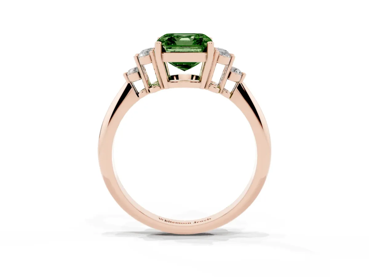 Fancy Green Asscher Cut Cut Diamond Cluster Ring with Solitaire Band and Four-Prong Setting Rose gold