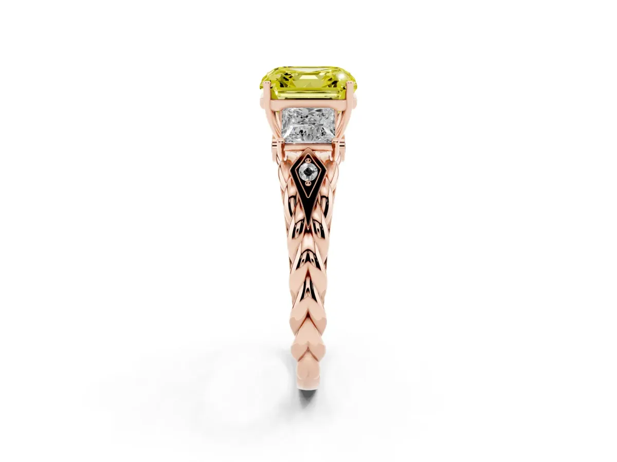 Fancy Yellow Three-Stone Asscher Cut Diamond Braided Band Ring with Four-Prong Setting Rose gold