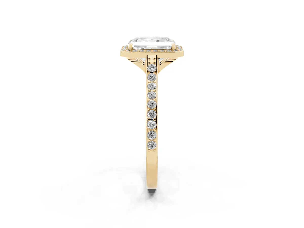 Radiant Cut Diamond Halo Engagement Ring with Round Pavé Shoulders and Prong Setting Yellow gold
