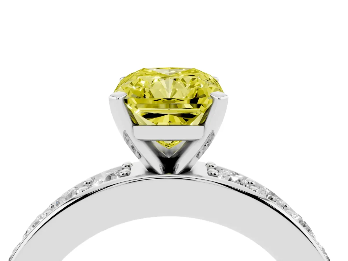 Fancy Yellow Radiant Cut Diamond Engagement Ring with Channel Set Round Band and Prong Setting White gold