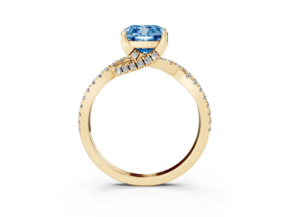 Fancy Blue Cushion Cut Solitaire Twist Pave Diamond Engagement Ring with Prong Setting Yellow gold