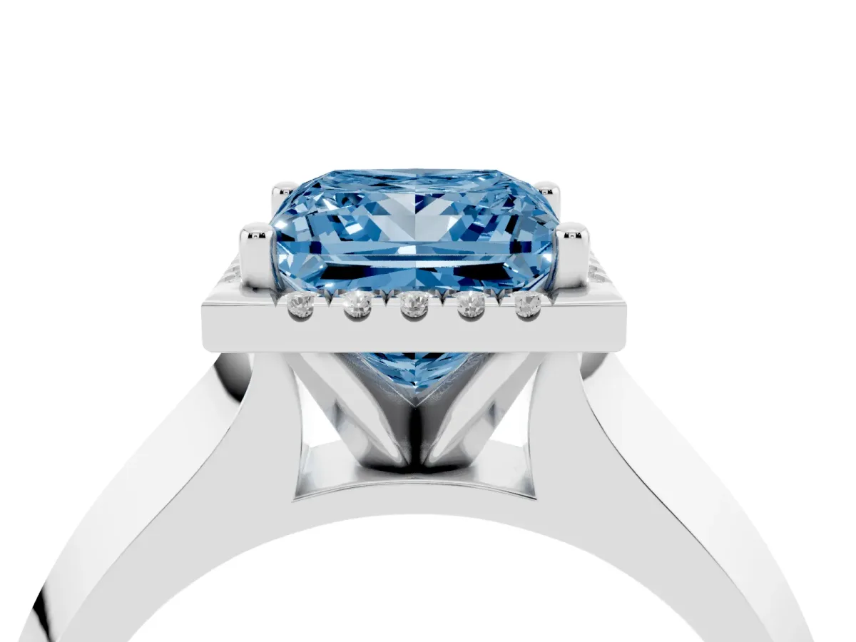 Fancy Blue Princess Cut Halo Diamond Ring with Cathedral Band and Four-Prong Setting Platinum