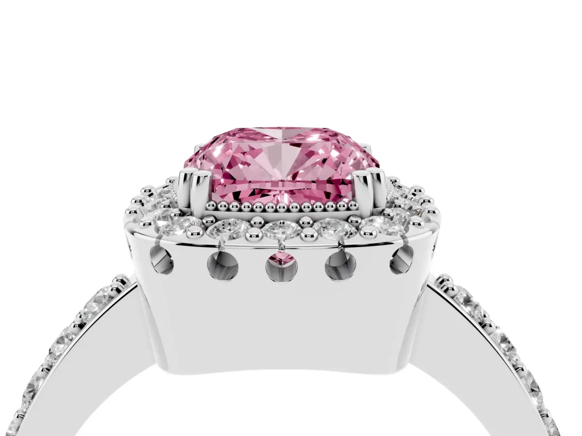 Fancy Pink Cushion Cut Diamond Halo Ring with Pavé Band and Prong Setting Silver