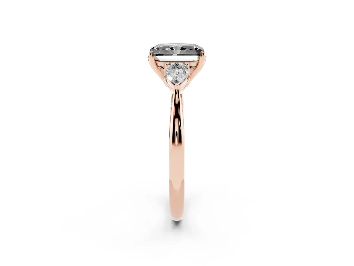 Fancy Black Radiant Cut Diamond Three-Stone Ring with Pear Side Stones and Prong Setting Rose gold