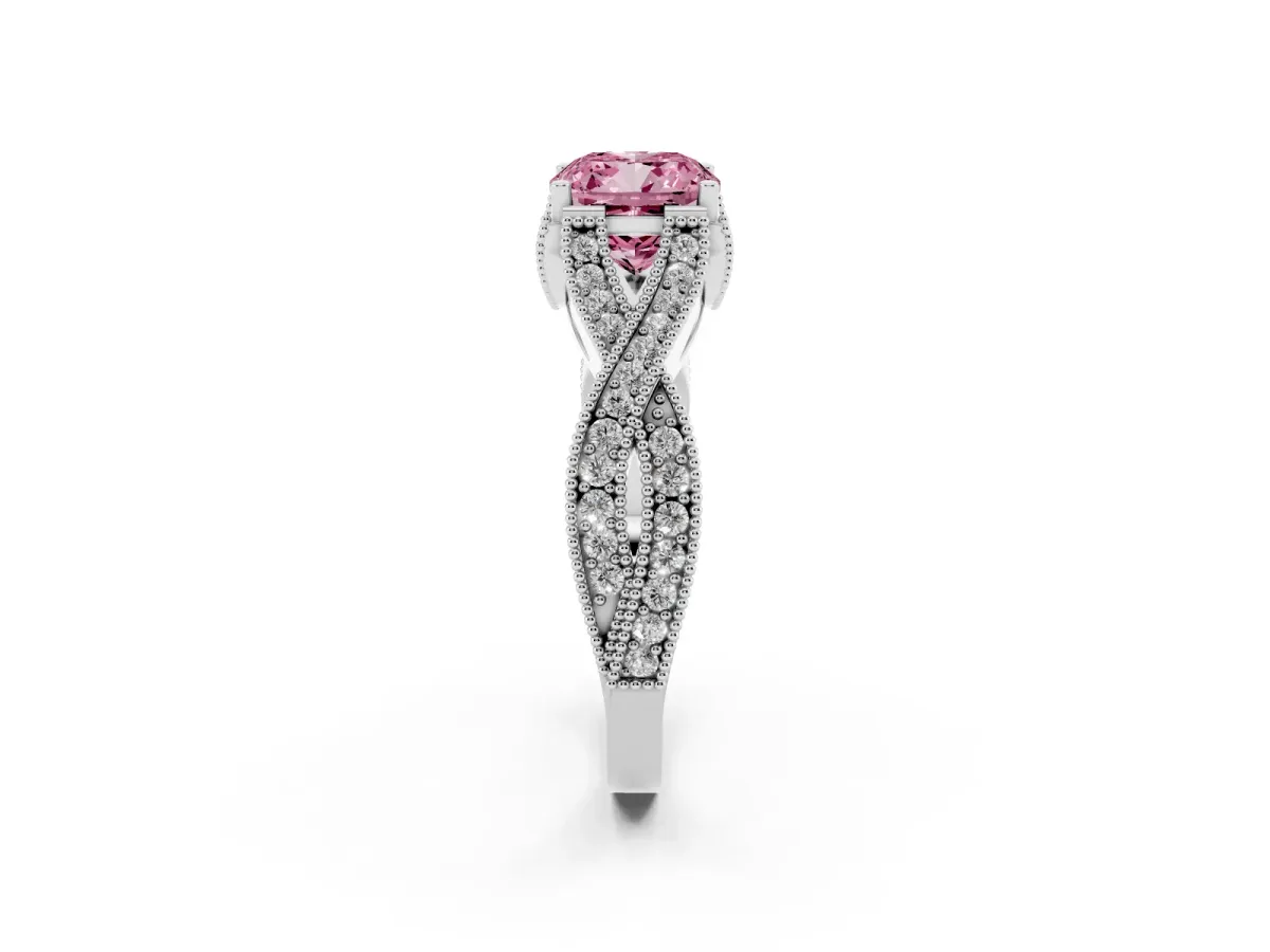 Fancy Pink Cushion Cut Cut Diamond Twisted Band with Milgrain Pave Setting and Four-Prong Setting Silver