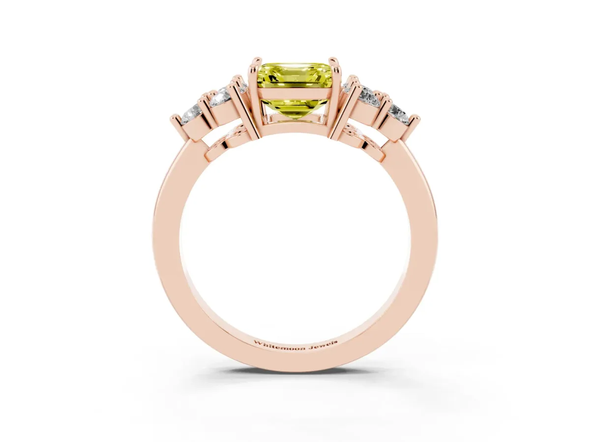 Fancy Yellow Asscher Cut Brilliant Diamond Cluster Accent Solitaire Ring with Prong Setting Rose gold