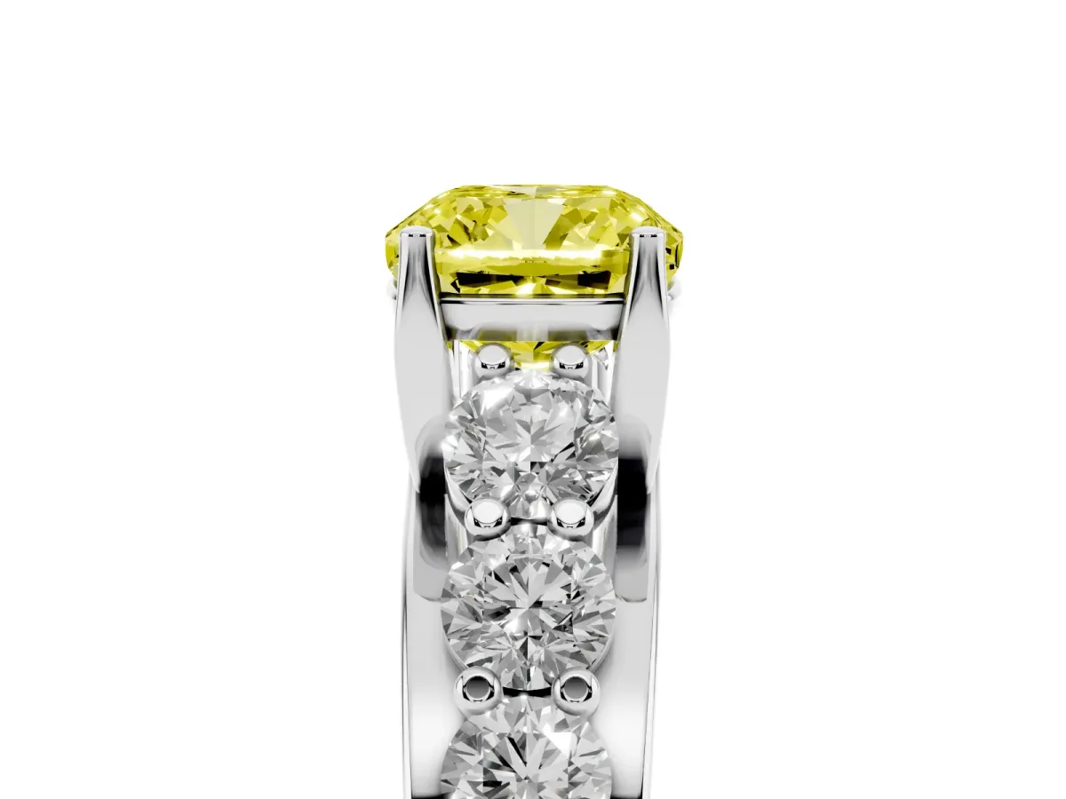 Fancy Yellow Cushion Cut Diamond Engagement Ring with Pavé Band and Four-Prong Setting Platinum