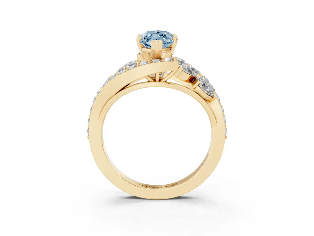 Fancy Blue Marquise Cut Diamond Halo Ring with Marquise and Pavé Band in Prong Setting Yellow gold