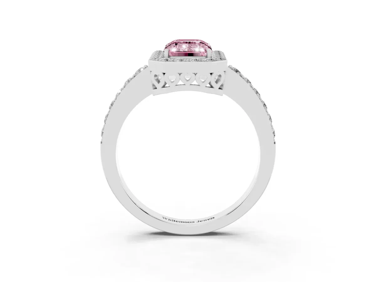 Fancy Pink Emerald Cut Halo Diamond Pavé Band Ring with Prong Setting Platinum