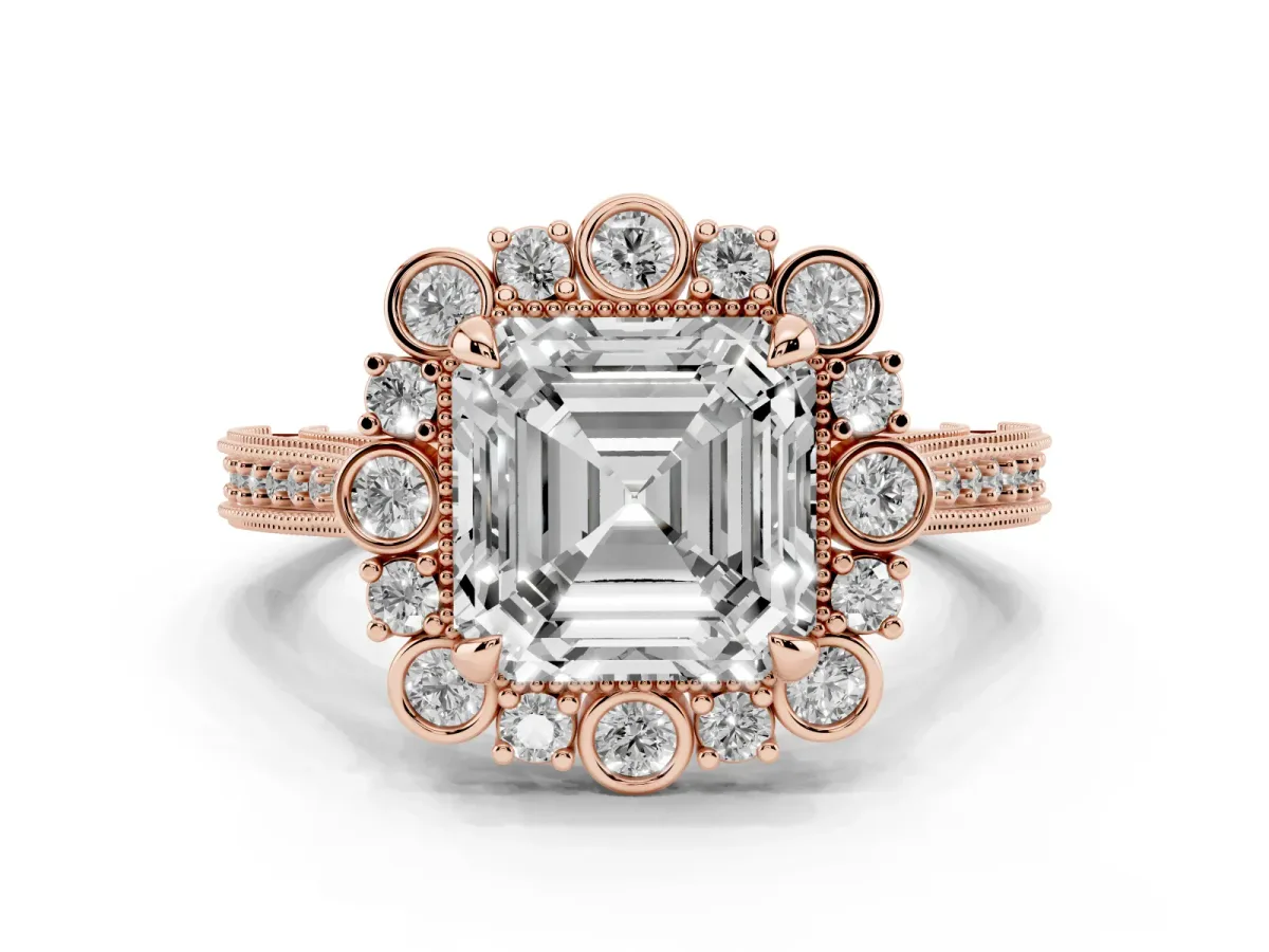Asscher Cut Halo Milgrain Pave Diamond Ring with Four-Prong Setting Rose gold