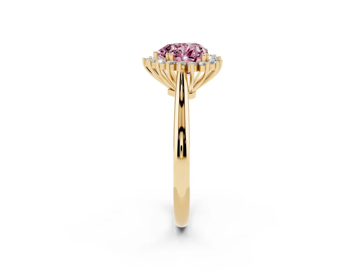 Fancy Pink Heart Cut Cut Diamond Halo Ring with Solitaire Band and Prong Setting Yellow gold