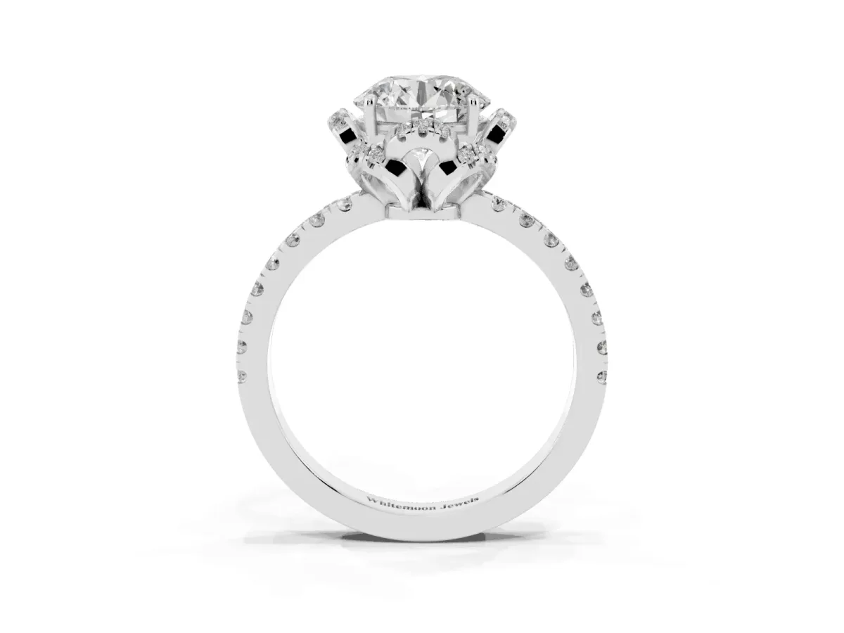 Round Cut Diamond Halo Pave Band with Four-Prong Setting Silver