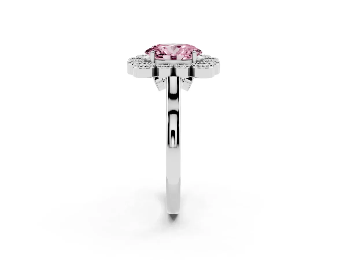Fancy Pink Oval Cut Halo Diamond Cluster Engagement Ring with Milgrain Bezel Setting and Solitaire Band White gold