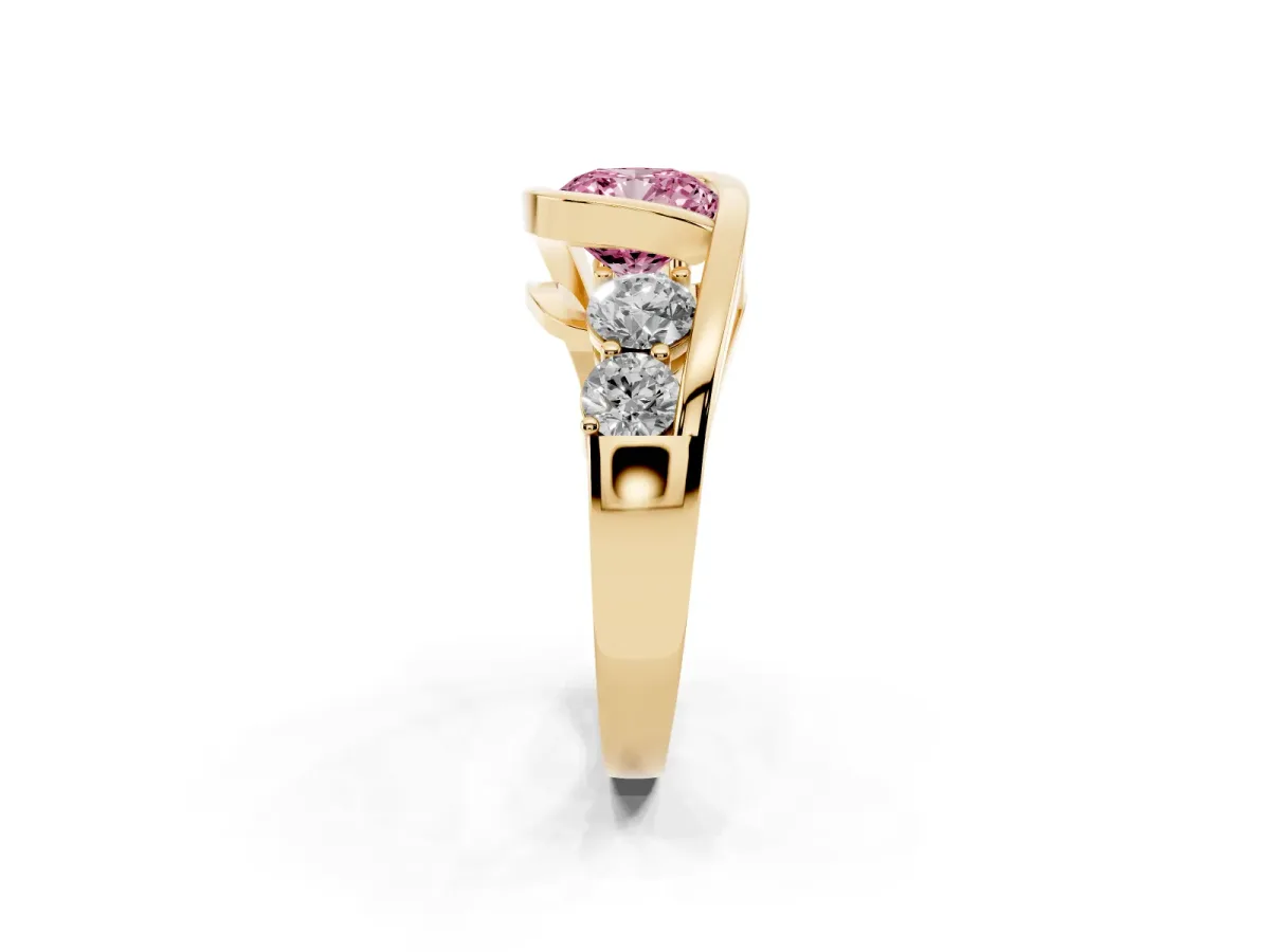 Fancy Pink Bezel Set Cushion Cut Diamond Bypass Ring with Round Accents Yellow gold