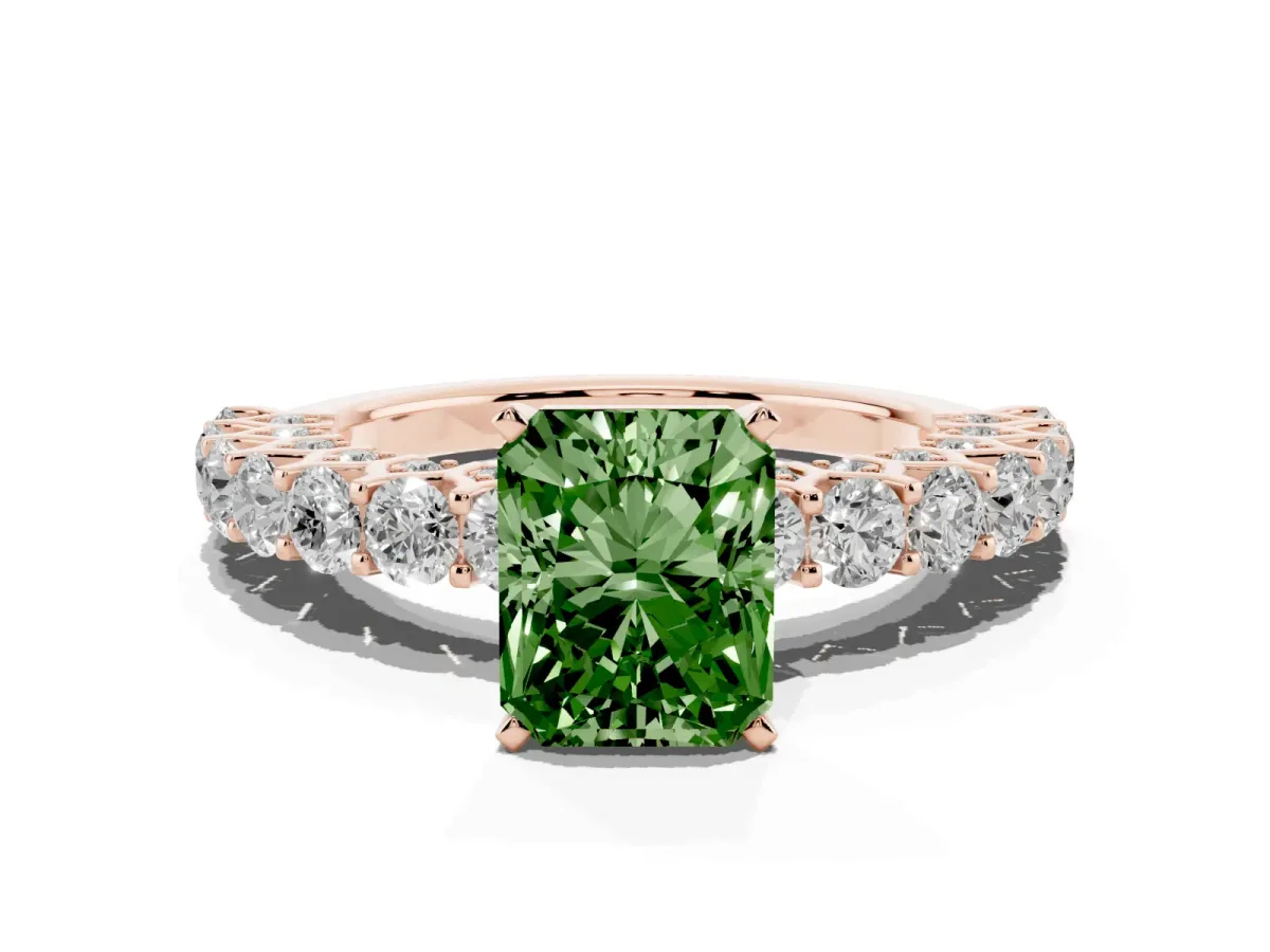 Fancy Green Radiant Cut Diamond Solitaire Ring with Shared Prong Pavé Band and Four-Prong Setting Rose gold