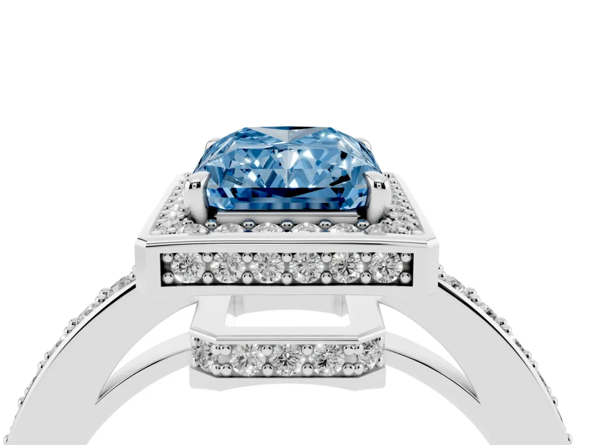 Fancy Blue Radiant Cut Halo Pave Band Solitaire Ring with Prong Setting Silver