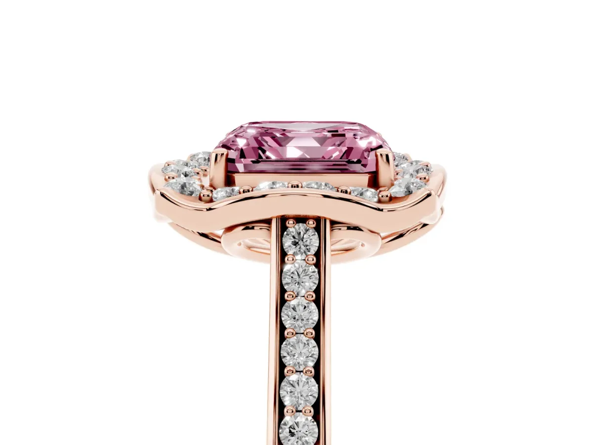 Fancy Pink Asscher Cut Halo Round Diamond Pave Band with Four-Prong Setting Rose gold