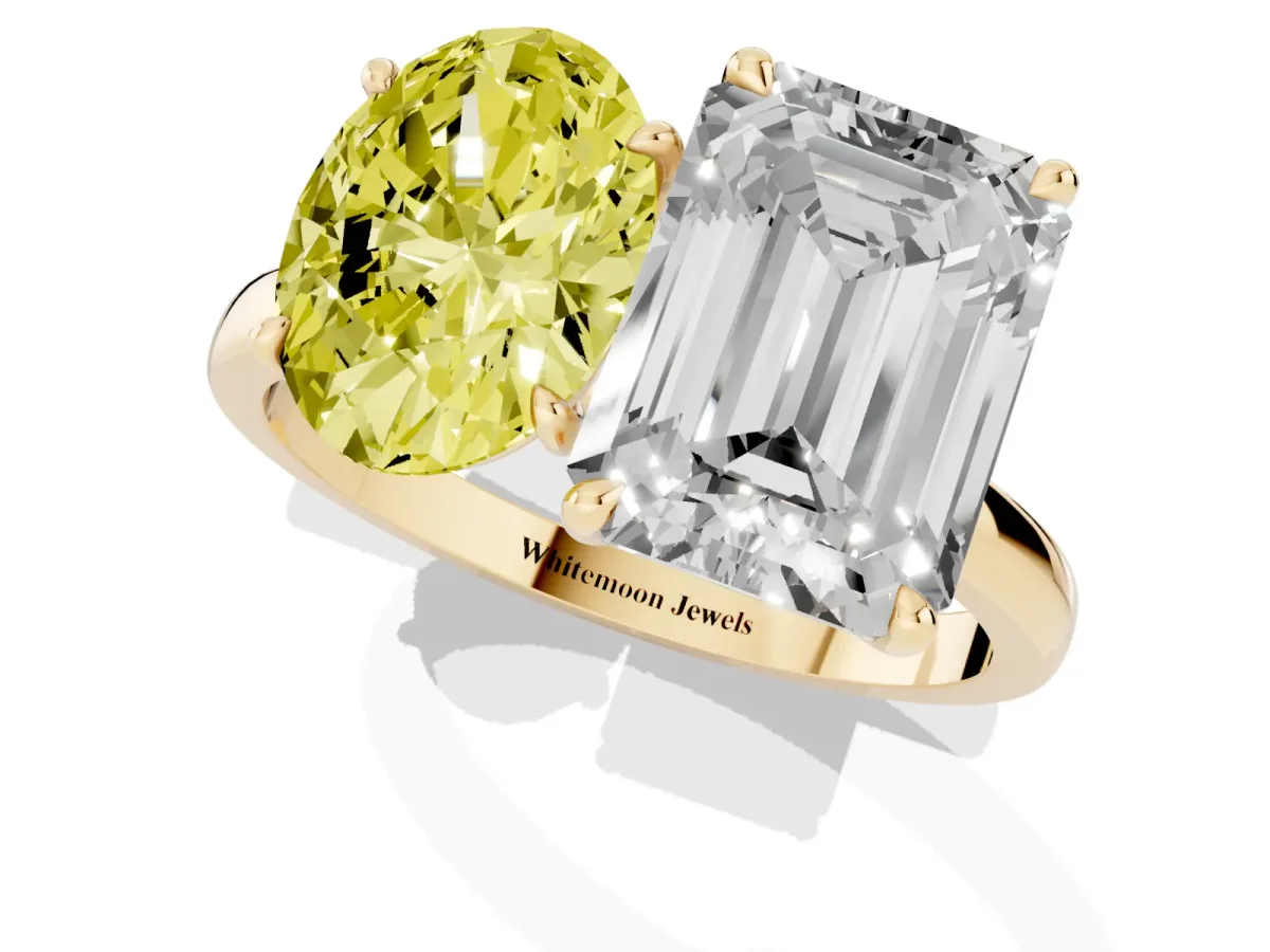 Fancy Yellow Oval Cut and Emerald Cut Toi Moi Ring with Prong Setting Yellow gold